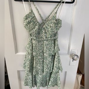 Tier Ruffle Green Floral Mini Dress with Bow Back